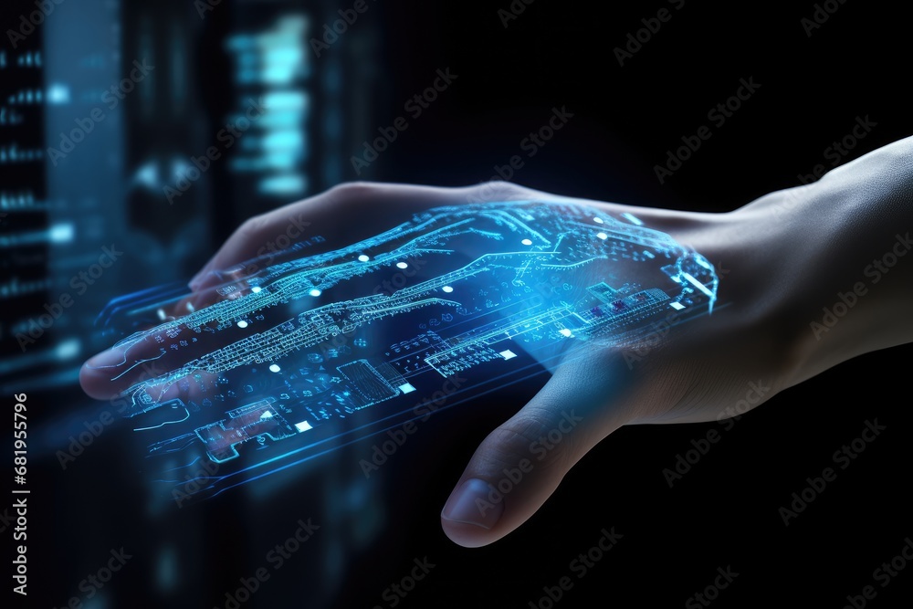 Poster hand on dark background touching hologram screen with finger 3d rendering, view of a cyborg hand hol