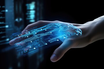 Hand on dark background touching hologram screen with finger 3D rendering, View of a Cyborg hand holding a futuristic interface with binary code and data 3d rendering, AI Generated