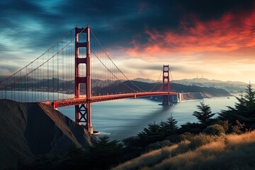 Golden Gate Bridge at sunset, San Francisco, California, USA, View of Golden Gate Bridge over San...