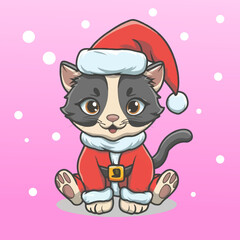 Ilustración navideña de gatito vestido de Santa Claus