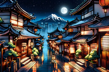 Obraz premium draw a Japanese night street. Generative AI