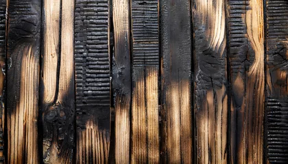 Tuinposter BBQ background. Burnt wooden Board texture. Burned scratched hardwood surface. Smoking wood plank background. Burned wooden grunge texture © Uranzaya