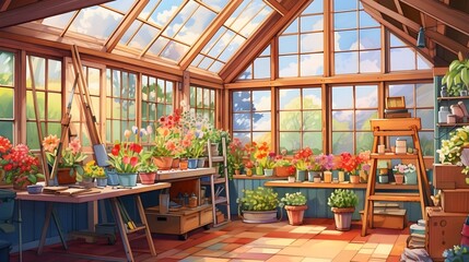 Watercolor illustration of contemporary art studio room  with flower, plant and natural light.  
