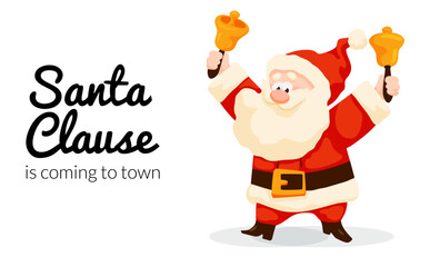 Funny cartoon Santa Claus jingle bells. Christmas card with Santa rings the bells.