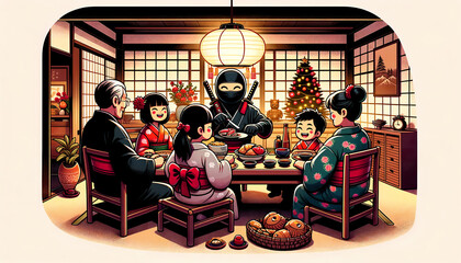 Illustration of Secret Santa Ninja dining with a Japanese family in a traditional home, festively decorated, highlighting cultural harmony and holiday spirit.