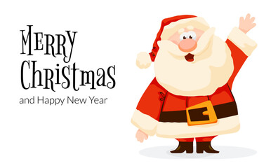 Funny cartoon Santa Claus waving and smile. Christmas card with Santa. Christmas and New Year vector illustration