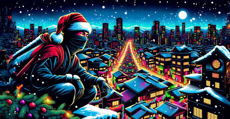 Secret Santa Ninja on snowy rooftop, overlooking festive Japanese city at night with Christmas lights and decorations.
