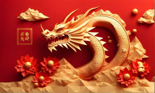 Naklejki chinese new year dragon. Chinese New Year 2024, dragon background. chinese new year decoration. Realistic chinese new year festival celebration background, red background, with chine