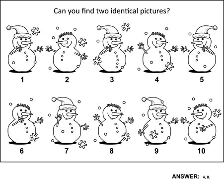 Find two identical snowmen.Puzzle 2. Winter holidays picture riddle. Black and white, printable. Answer included.
