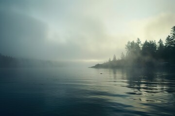 Fototapeta na wymiar Misty Lake and Cabin Enveloped in Smoke