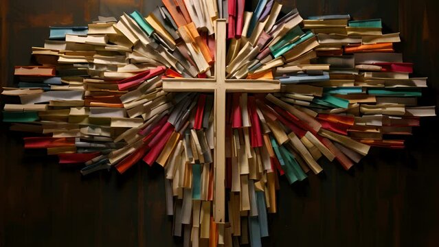 A powerful image of a cross made entirely of books, with each one od to reveal a different colorful page, representing the endless possibilities and knowledge that can be gained through the