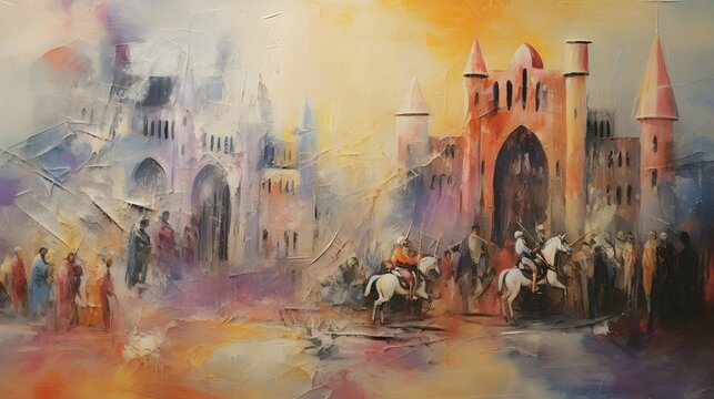 Medieval oil painting abstract background with castle