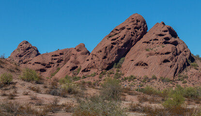 landscape in the desert of large boulders with bushes in foreground
