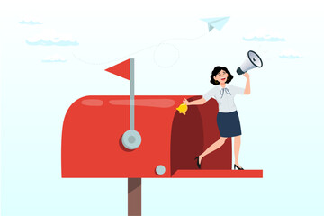Businesswoman marketing open mailbox to notify subscribed user, email newsletter notification, marketing communication or subscription message alert, subscribe to receive notification message (Vector)