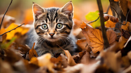 Naklejka na ściany i meble little kitten in the wild forest. Kitty in autumn. Autumn cat portrait. Cute kitten in autumn forest