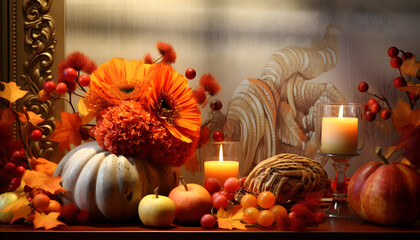 autumn still life with pumpkin christmas decoration with candles light, flame, holiday, fire, spa, rose, celebration, autumn, romance, pumpkin, beauty, table, love, 