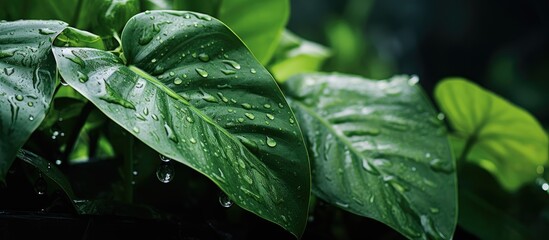 In the lush green garden, the beauty of nature was evident through the organic textures of leaves, floral blossoms, and the gentle drop of rainwater, enhancing the natural splendor of the plant's