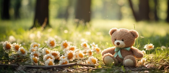 In the beautiful green park, a lonely brown teddy bear sat on the grass, feeling emotional. The doll, surrounded by flowers, reminded it of a plumeria, evoking a mix of loneliness and a bittersweet