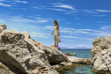 Fototapeta na wymiar Woman Standing on Rocks by the Seashore