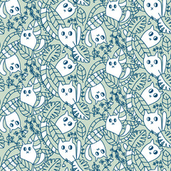 Trendy line art seamless pattern with cute cats in the rainforest. Perfect print for tee, paper, textile and fabric. Doodle vector illustration.