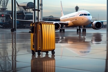 A yellow travel suitcase stands near the airport window against the background of passenger planes. Generated by AI.