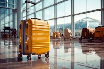 A yellow travel suitcase stands near the airport window against the background of passenger planes. Generated by AI. - obrazy, fototapety, plakaty