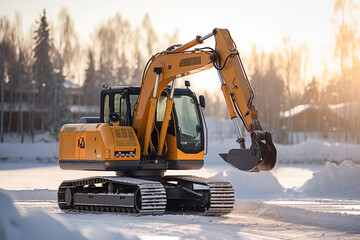 Construction site crawler excavator stands in a winter scenery. Construction during winter and snow, stranded in winter conditions. - obrazy, fototapety, plakaty