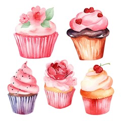 Set of watercolor pink cupcakes on white background clipart