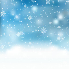 Natural Winter Christmas background with sky, heavy snowfall, snowflakes in different shapes and forms, snowdrifts. Vector