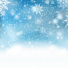 Natural Winter Christmas background with sky, heavy snowfall, snowflakes in different shapes and forms, snowdrifts. Vector