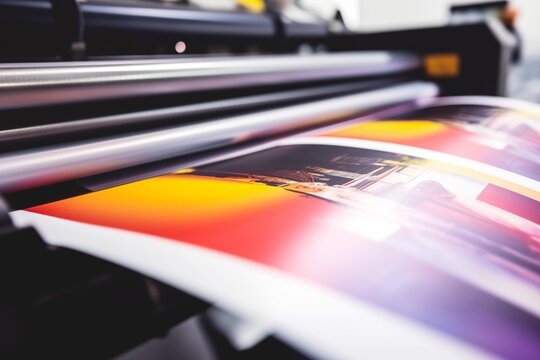 Close up of magazine brochure poster print, colorful flayer printing from machine