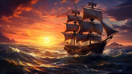 Fototapeta premium sailing into the sunset, digital art illustration, Generative AI