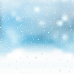 Natural Winter Christmas background with sky, heavy snowfall, snowflakes in different shapes and forms, snowdrifts. Vector