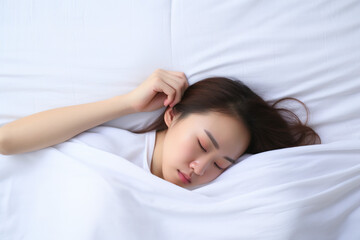 Fototapeta na wymiar Asian woman resting on the bed