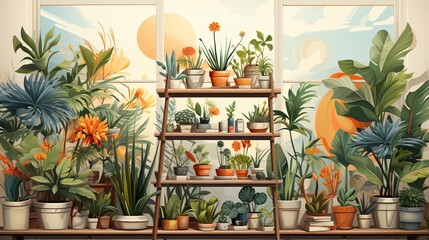 Illustration of Potted Flowers by the Window