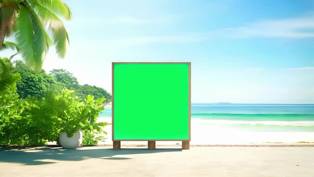 This variant targets businesses or individuals looking to promote their brand or product on a beach. It positions the greenscreen vertical billboard stand as a tool for transforming any beach