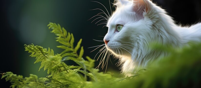 In the serene African park, a majestic white cat with captivating green eyes meticulously surveys its surroundings, a beautiful and cute predator blending in seamlessly with nature, its feline face an