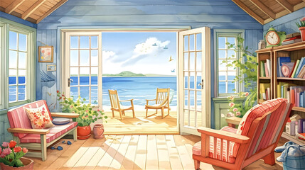 Watercolor illustration of wooden house interor by the ocean