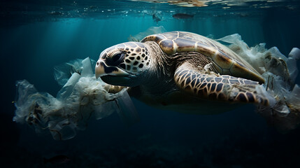 Plastic bags under sea, concept of eco problem, plastic pollution under sea