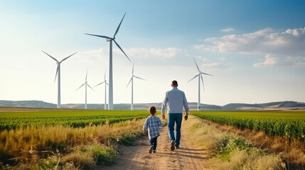 Father with son look at wind turbines at field. Eco living concept - obrazy, fototapety, plakaty
