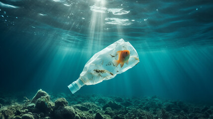 Fish trapped into a plastic bag under in water, concept of eco problem, plastic pollution under sea