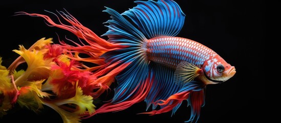 isolated tropical aquarium, a colorful fish with a vibrant tail was swimming peacefully among other aquatic species, but suddenly became aggressive and started fighting. - obrazy, fototapety, plakaty