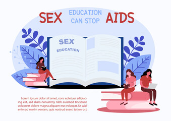 World AIDS day poster's concept of sex education in cartoon character and flat style with example texts on white background.