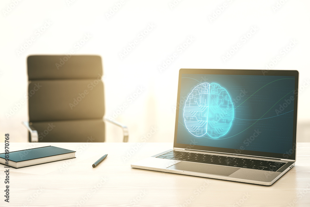 Aufkleber creative artificial intelligence concept with human brain hologram on modern laptop screen. 3d rende
