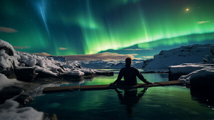 relaxing in geothermal hot pool under northern lights with enjoying beautiful sky view - obrazy, fototapety, plakaty