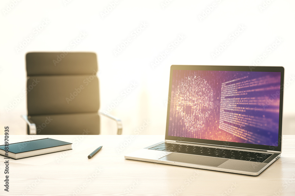 Poster Modern computer monitor with creative code skull hologram. Malware and cyber crime concept. 3D Rendering