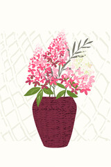 Botanical vector design for print,  poster, card, cover, Minimal and natural wall art. Hydrangea flowers, bouquets in flowerpots. Pastel tone, green and pink color. Decoration with textured patterns.