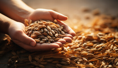 hand holding a handful of grain and wheat seeds - obrazy, fototapety, plakaty