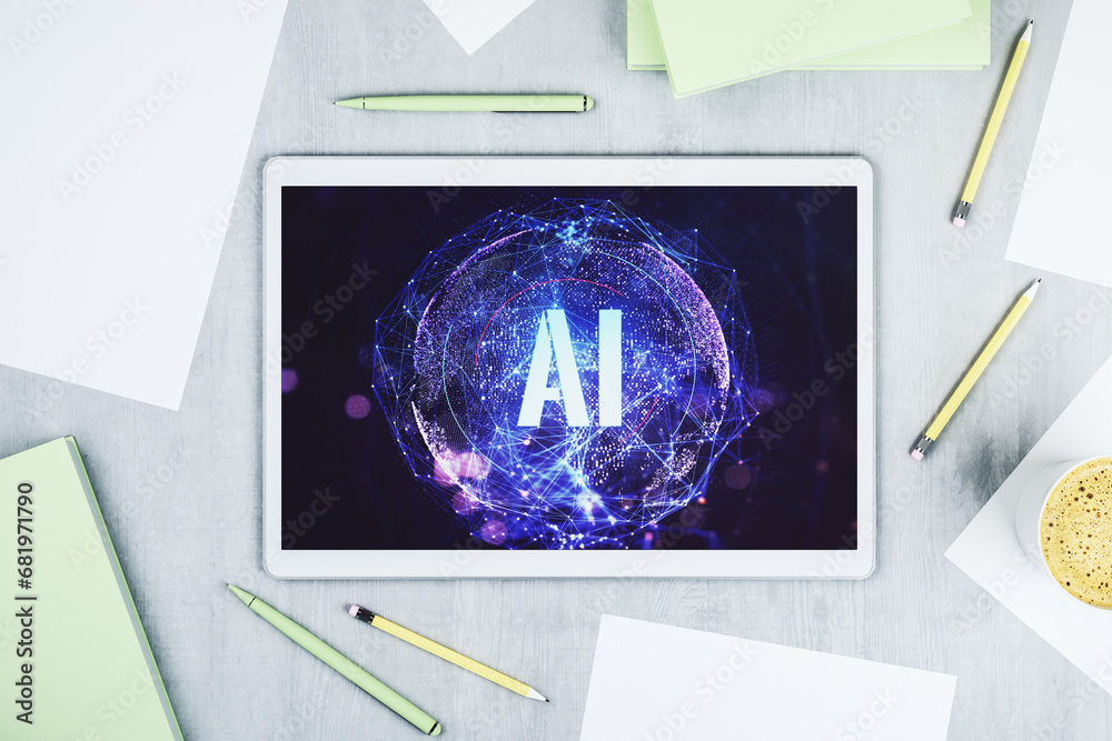 Poster Creative artificial Intelligence symbol concept on modern digital tablet display. Top view. 3D Rendering