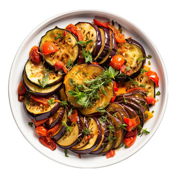 Top view of a ratatouille on a plate Isolated on Transparent or White Background, PNG